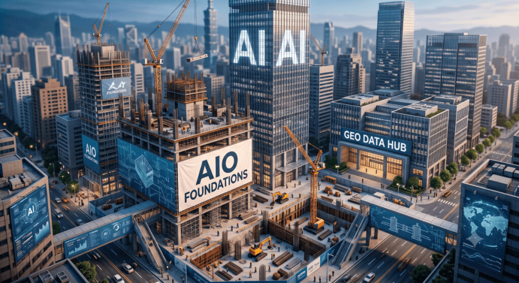 建造 AIO 與 GEO 地基建築的實境模擬圖,象徵品牌為 AI 搜尋佈局